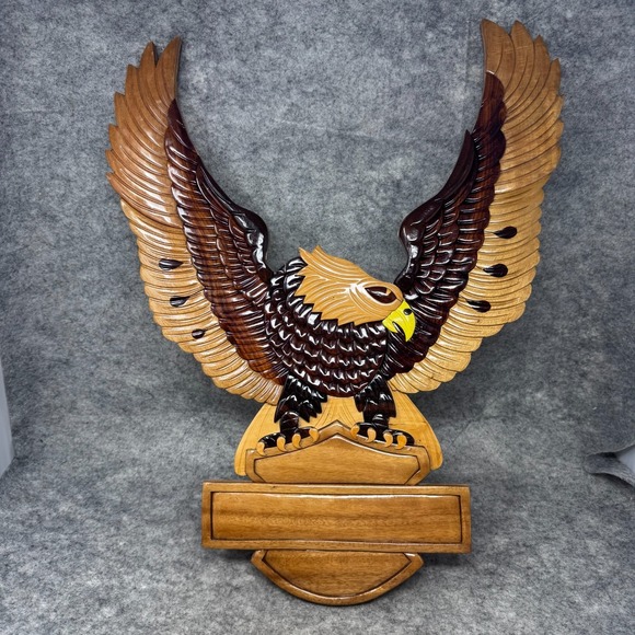 Handmade Wooden Carved Sign Golden Eagle Motorcycle Plaque Harley Mancave Biker